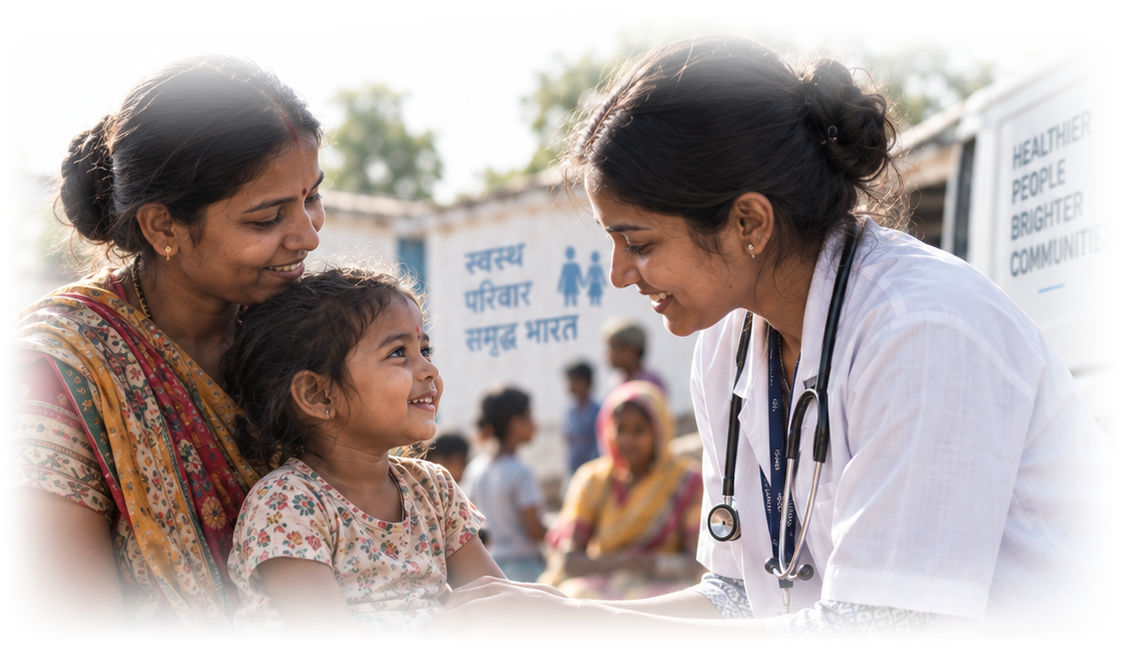 Illustrative scene of a clinician speaking with a mother and child