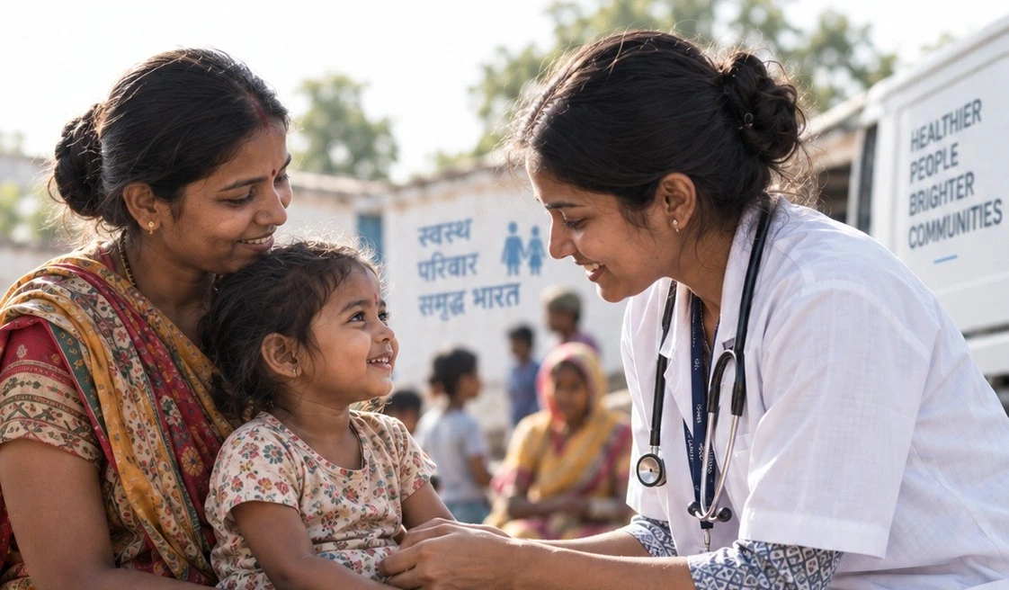 Illustrative community-care scene with a clinician speaking with a mother and child.