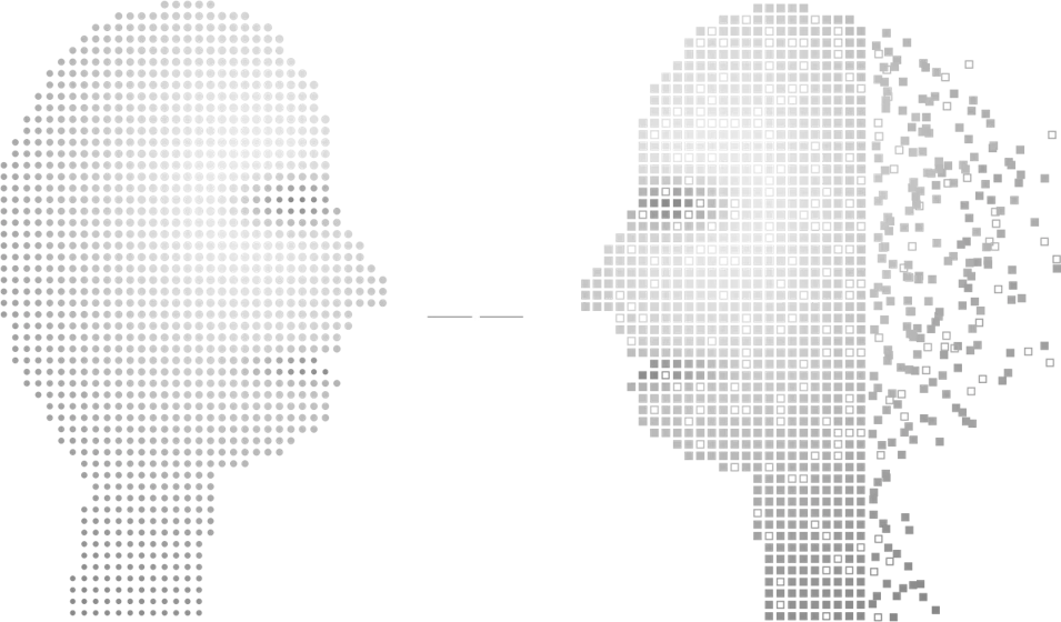 Two abstract human profiles face each other, one formed from points and the other from fragments.