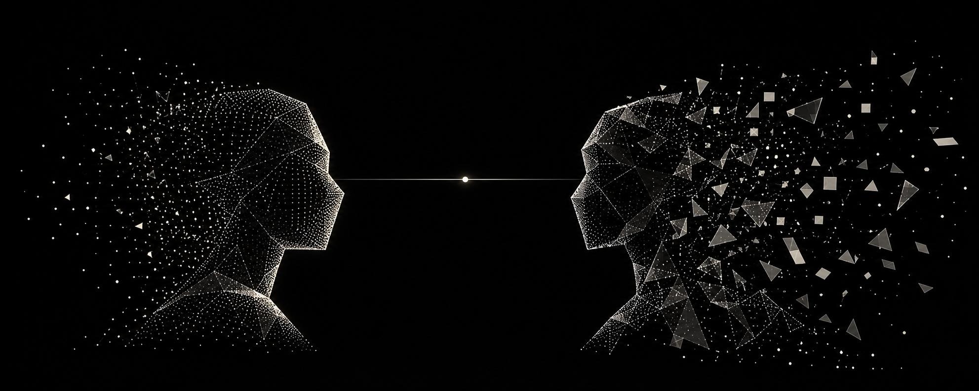 Two particle-formed human profiles facing each other across a shared point of light.